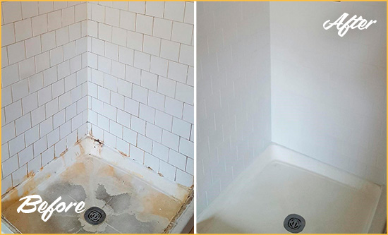 Before and After Picture of a Bayonet Point Shower Tile and Grout Cleaned to Remove Soap Scum