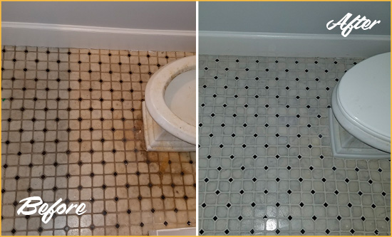 Before and After Picture of a Ybor City Bathroom Tile and Grout Cleaned to Remove Stains