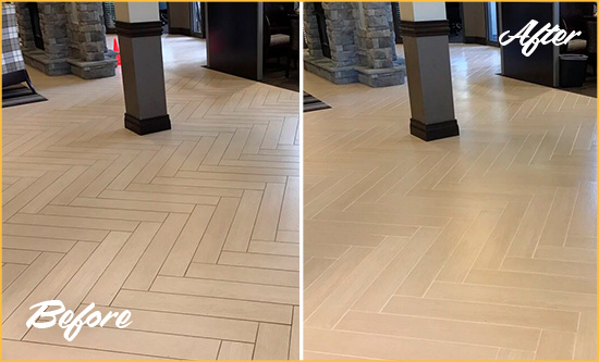 Before and After Picture of a Madeira Beach Office Floor Tile and Grout Cleaned to Remove Stains