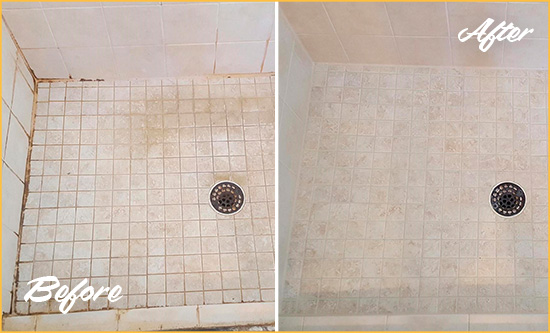 Before and After Picture of a Grand Hampton Shower Caulked to Fix Cracks