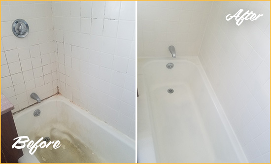 Before and After Picture of a Cheval Bathtub Caulked to Repair Cracks