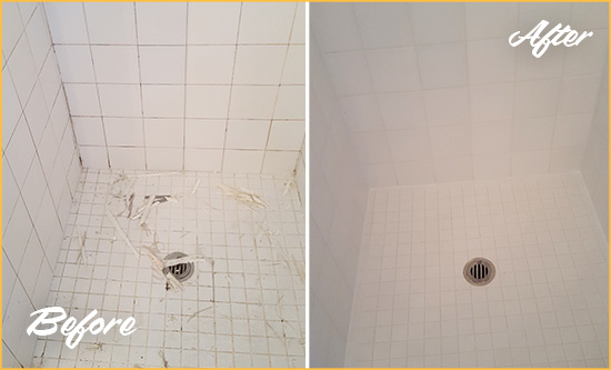 Before and After Picture of a Cheval Bathroom Re-Caulked To Repair Damaged Caulking