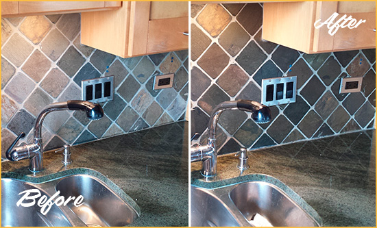 Before and After Picture of a Wynstone Backsplash Caulked to Fix and Prevent Water Leaks