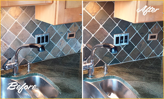 Before and After Picture of a Belleair Bluffs Backsplash Caulked to Fix and Prevent Water Leaks