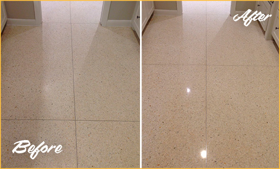 Before and After Picture of a Town n Country Granite Stone Floor Polished to Repair Dullness