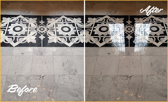 Before and After Picture of a Vista del Rio Marble Stone Floor Polished to a Mirror Shine