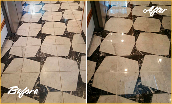 Before and After Picture of a Dull Largo Marble Stone Floor Polished To Recover Its Luster