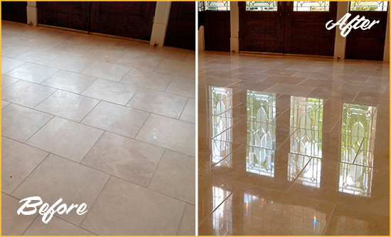 Before and After Picture of a Dull St. Leo Travertine Stone Floor Polished to Recover Its Gloss