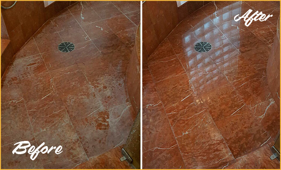 Before and After Picture of a Dunedin Marble Stone Shower Polished to Eliminate Mineral Deposits