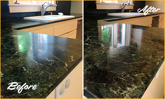 Before and After Picture of a Vista del Rio Marble Stone Counter Polished to Eliminate Water Marks