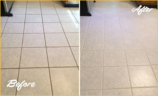 Before and After Picture of a Treasure Island Kitchen Ceramic Floor Sealed to Protect From Dirt and Spills