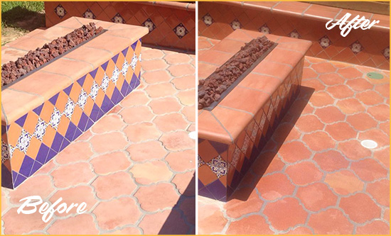 Before and After Picture of a Dull Belleair Shore Terracotta Patio Floor Sealed For UV Protection