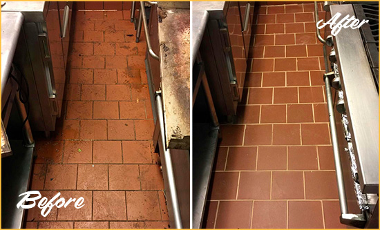 Before and After Picture of a Gulfport Restaurant Kitchen Floor Sealed to Remove Soil