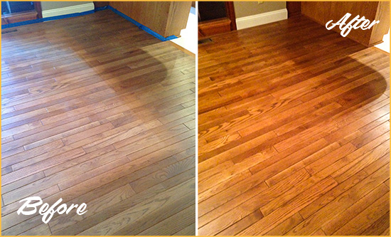 Before and After Picture of a Town n Country Wood Sand Free Refinishing Service on a Dull Floor to Recover Its Sheen