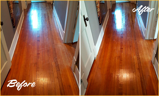 Before and After Picture of a Greater Sun Center Wood Sand Free Refinishing Service on a Floor to Eliminate Scratches