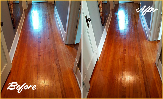 Before and After Picture of a Indian Shores Wood Sand Free Refinishing Service on a Floor to Eliminate Scratches