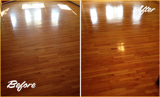 Before and After Picture of a Cross Creek Wood Sand Free Refinishing Service on a Room Floor to Remove Scratches