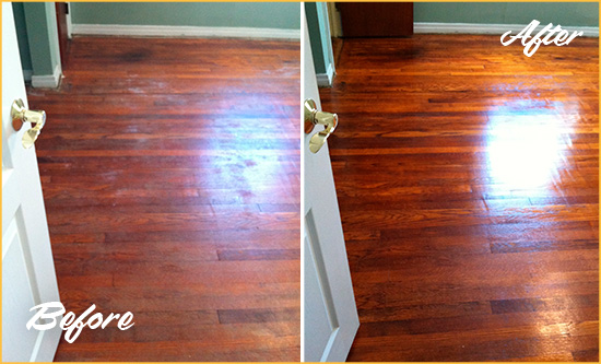 Before and After Picture of a Cheval Wood Sand Free Refinishing Service on a Dull Floor to Remove Stains