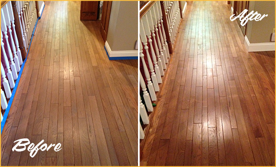 Before and After Picture of a Mango Wood Sand Free Refinishing Service on a Worn Out Floor