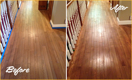 Before and After Picture of a Valrico Wood Sand Free Refinishing Service on a Worn Out Floor