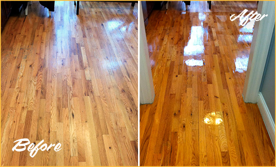 Before and After Picture of a Treasure Island Wood Sand Free Refinishing Service on a Worn Out Hallway