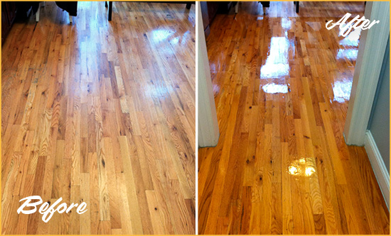 Before and After Picture of a Valrico Wood Sand Free Refinishing Service on a Worn Out Hallway