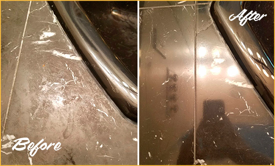 Before and After Picture of a Vista del Rio Marble Countertop Cleaned to Remove Deep Dirt