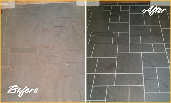 Before and After Picture of a Brandon Slate Floor Cleaned to Remove Deep-Seated Dirt