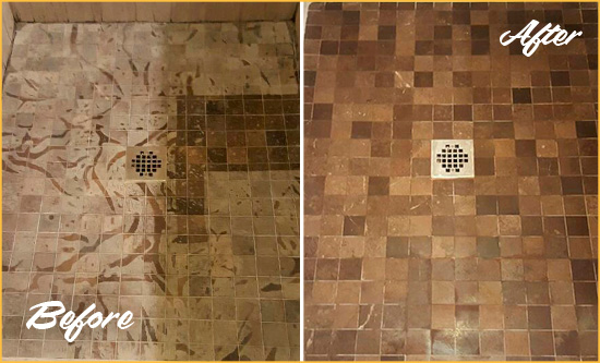 Before and After Picture of a Stained Brandon Marble Shower Floor Cleaned to Remove Etching