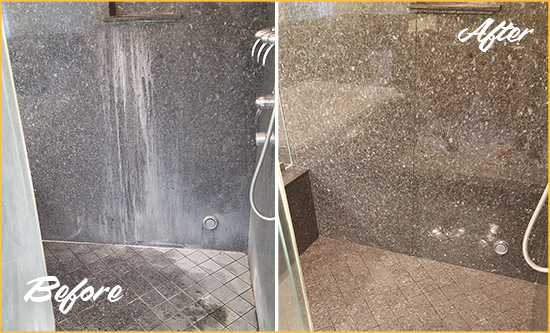 Before and After Picture of a Belleair Beach Granite Shower Cleaned to Remove Mineral Deposits