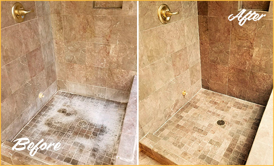 Before and After Picture of a Belleair Shore Travertine Shower Cleaned to Eliminate Water Spots