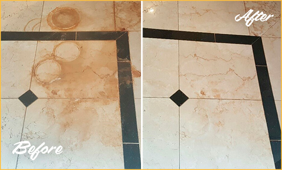 Before and After Picture of a Bayonet Point Marble Floor Cleaned to Eliminate Rust Stains