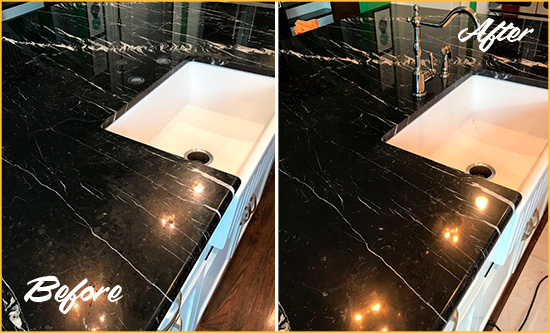 Before and After Picture of a Holiday Marble Kitchen Countertop Stone Sealed to Avoid Water Damage