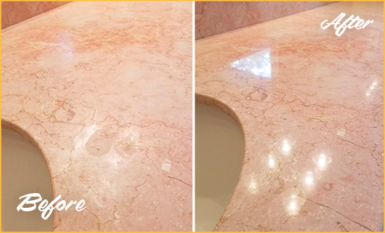 Before and After Picture of a Westchase Marble Stone Vanity Top Sealed to Avoid Water Marks