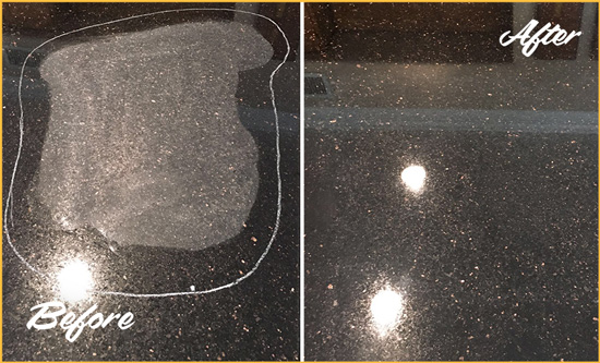 Before and After Picture of a Avila Granite Kitchen Countertop Honed to Eliminate Scratch