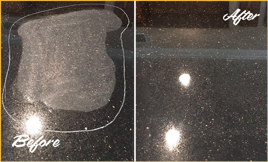 Before and After Picture of a Palma Vista Granite Kitchen Countertop Honed to Eliminate Scratch