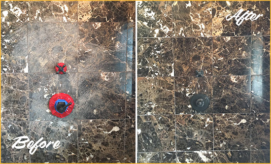 Before and After Picture of a Treasure Island Marble Shower Honed to Remove Scratches