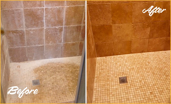 Before and After Picture of a Brandon Travertine Shower Honed to Remove Mineral Deposits