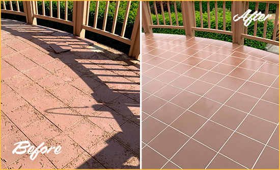 Before and After Picture of a Sun City Center Hard Surface Restoration Service on a Tiled Deck