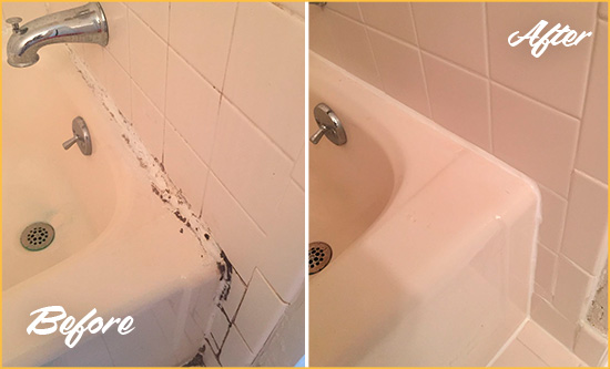 Before and After Picture of a Tampa Palms Hard Surface Restoration Service on a Tile Shower to Repair Damaged Caulking