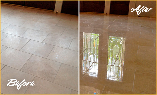 Before and After Picture of a New Port Richey Hard Surface Restoration Service on a Dull Travertine Floor Polished to Recover Its Splendor