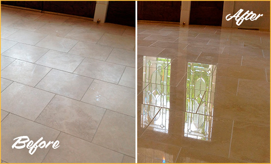 Before and After Picture of a St. Leo Hard Surface Restoration Service on a Dull Travertine Floor Polished to Recover Its Splendor