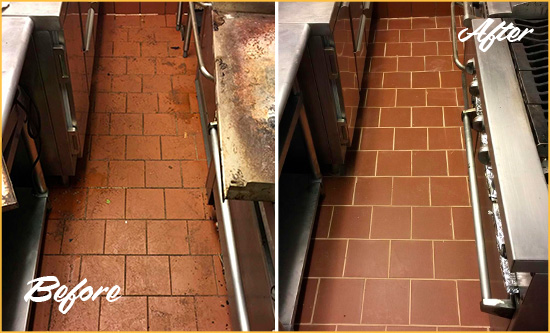 Before and After Picture of a Tarpon Springs Hard Surface Restoration Service on a Restaurant Kitchen Floor to Eliminate Soil and Grease Build-Up