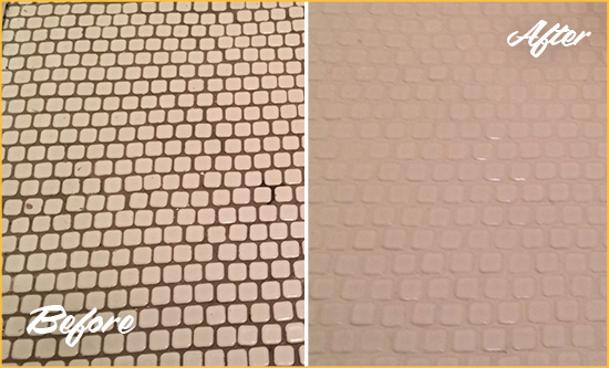 Before and After Picture of a Thonotosassa Hard Surface Restoration Service on a Bathroom Tile Floor Recolored to Fix Grout Color