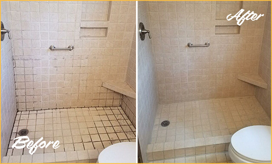 Before and After Picture of a Mango Shower Grout Cleaned to Remove Mold