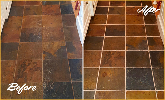 Before and After Picture of Wynstone Slate Floor Grout Cleaned to Remove Dirt