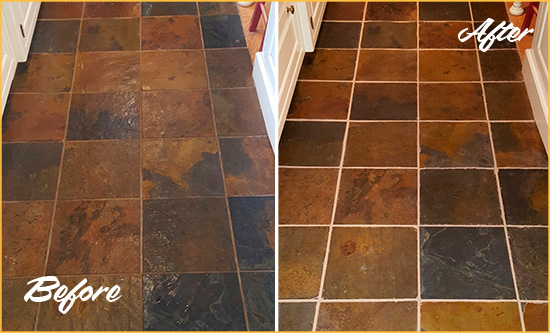 Before and After Picture of a St. Petersburg Slate Floor Recolored Grout