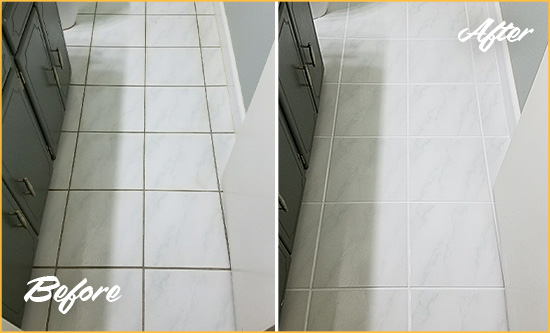 Before and After Picture of a Buckingham White Ceramic Tile with Recolored Grout