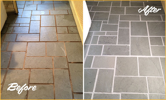 Before and After Picture of Damaged Holiday Slate Floor with Sealed Grout