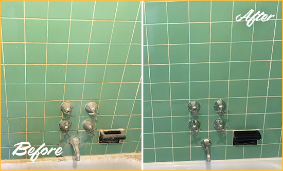 Before and After Picture of a Westchase Bath Tub Grout Sealed to Avoid Water Damage